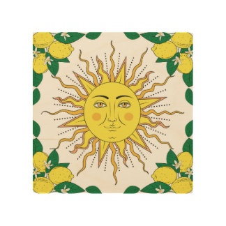 Tropical Lemon Fruits, Sun Face. Wood Wall Art