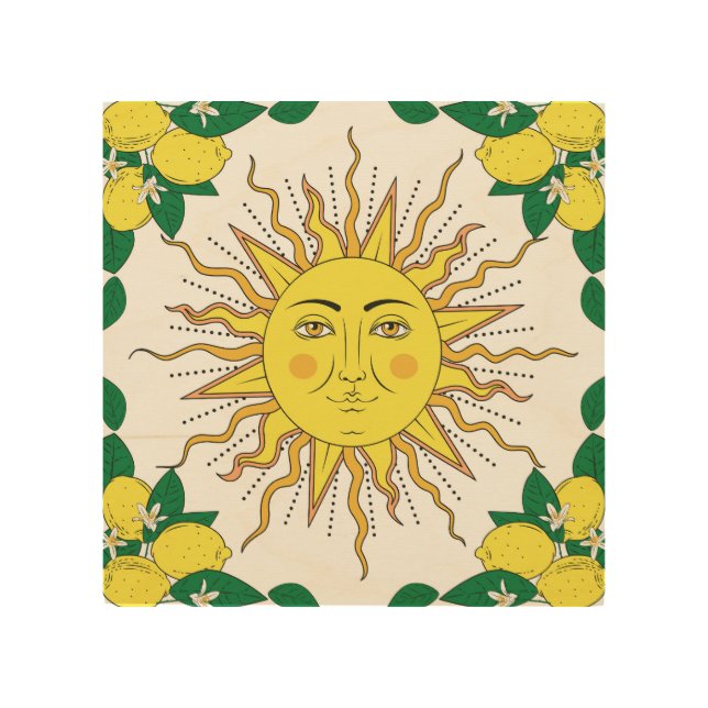 Tropical Lemon Fruits, Sun Face. Wood Wall Art (Front)