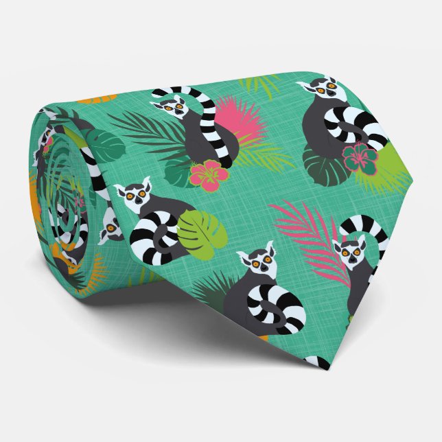 Tropical Lemurs - Aquamarine Neck Tie (Rolled)