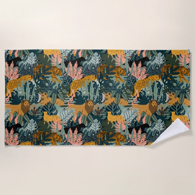 Tropical Leopard and Tiger Print Jungle Pattern Beach Towel (Front)