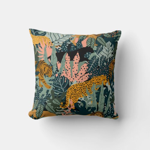 Tropical Leopard and Tiger Print Jungle Pattern Throw Pillow