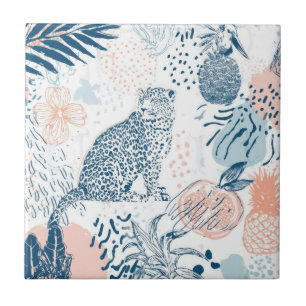 Tropical Leopard Blue Peach Abstract Ceramic Tile