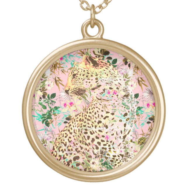 Tropical leopard floral Hawaiian pink Gold Plated Necklace (Front)