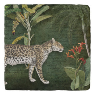 Tropical Leopard Floral n Foliage Jungle Green Red Trivet