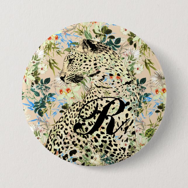 Tropical leopard print floral Hawaiian Button (Front)