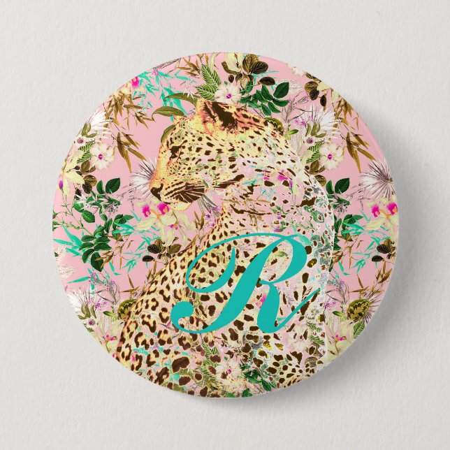Tropical leopard print floral Hawaiian Button (Front)
