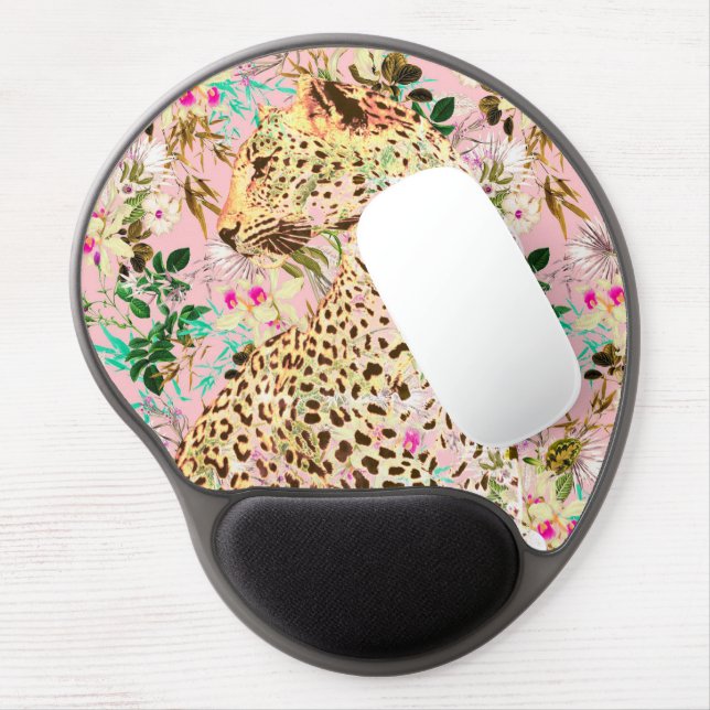 Tropical leopard print floral Hawaiian  Gel Mouse Pad (Left Side)
