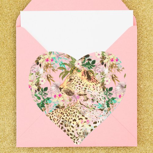 Tropical leopard print floral Hawaiian  Heart Sticker