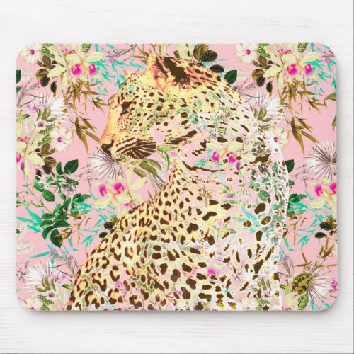 Tropical leopard print floral Hawaiian  Mouse Pad