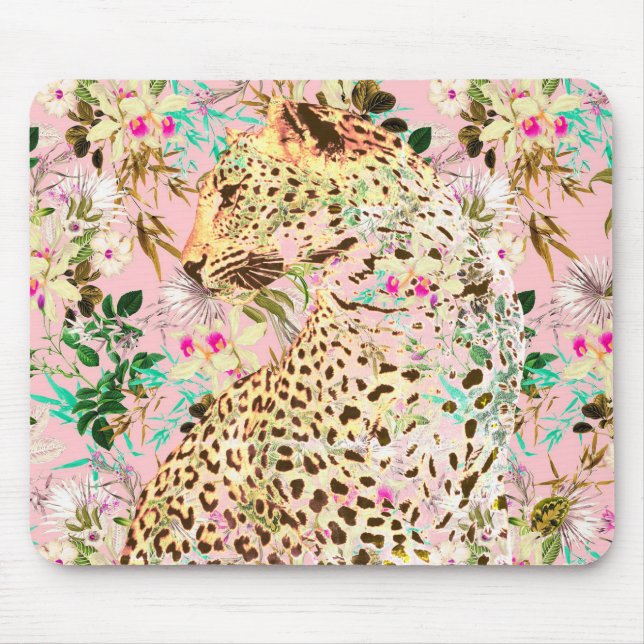 Tropical leopard print floral Hawaiian  Mouse Pad (Front)