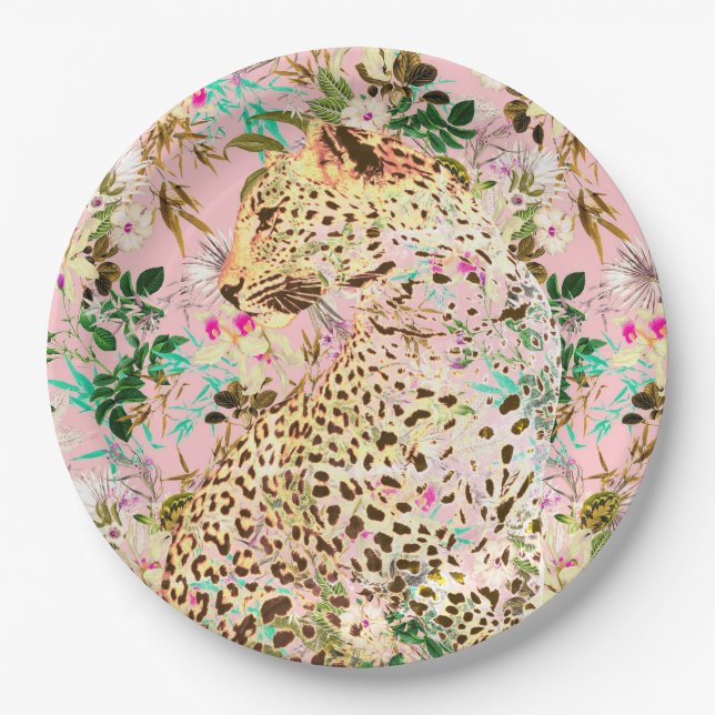 Tropical leopard print floral Hawaiian Paper Plates (Front)