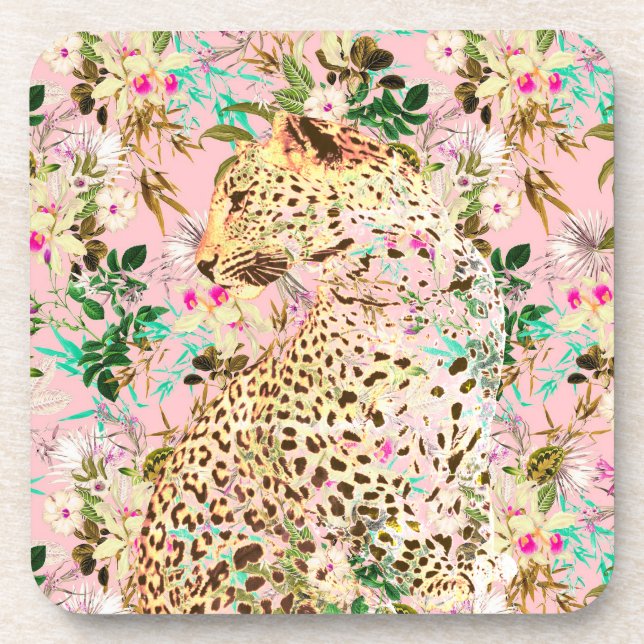 Tropical leopard print floral Hawaiian pattern Beverage Coaster (Front)
