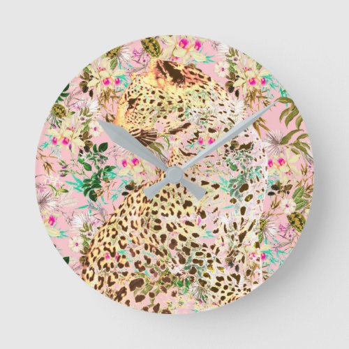 Tropical leopard print floral Hawaiian   Round Clock