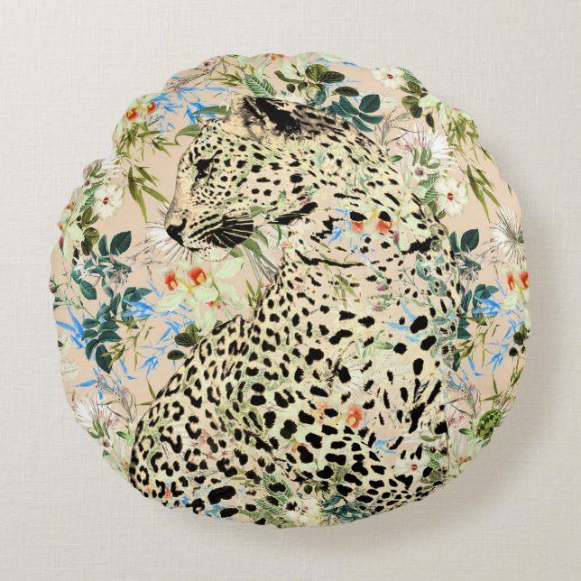 Tropical leopard print floral Hawaiian Round Pillow (Front)