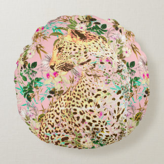 Tropical leopard print floral Hawaiian Round Pillow