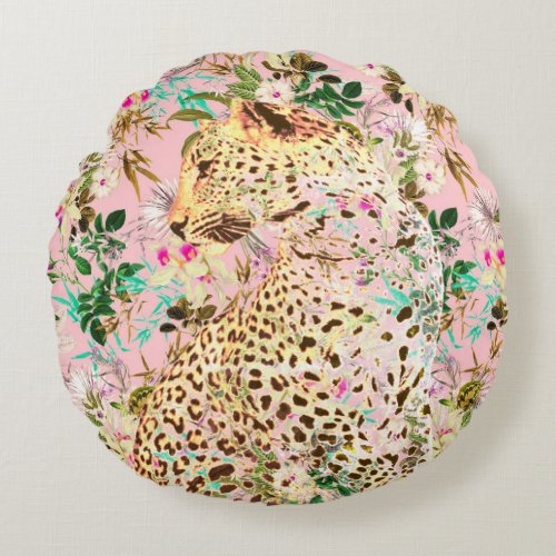 Tropical leopard print floral Hawaiian Round Pillow