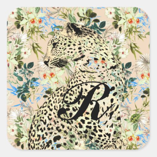 Tropical leopard print floral Hawaiian Square Sticker