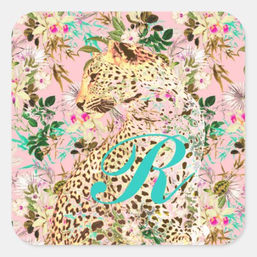 Tropical leopard print floral Hawaiian Square Sticker