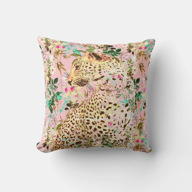 Tropical leopard print floral Hawaiian Throw Pillow (Front)