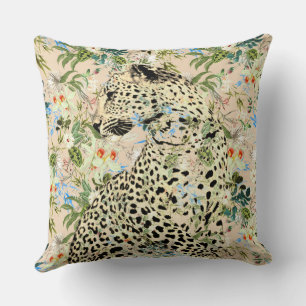 Tropical leopard print floral Hawaiian Throw Pillow