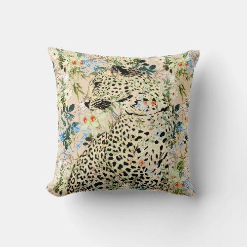 Tropical leopard print floral Hawaiian Throw Pillow