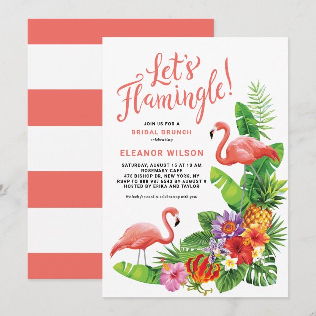 Tropical Let's Flamingle Floral Bridal Brunch Invitation (Front/Back)