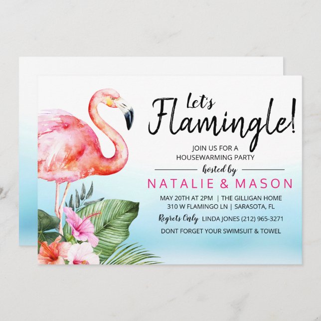 Tropical Let's Flamingle Housewarming Invitation (Front/Back)