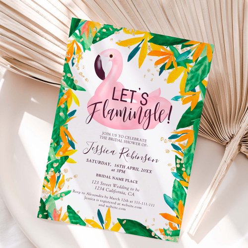 Tropical lets flamingle watercolor bridal shower invitation