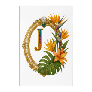 Tropical Letter J Luxury Monogram Art Gold Frame