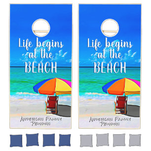 Tropical Life Begins at Beach Quote Umbrella Cornhole Set