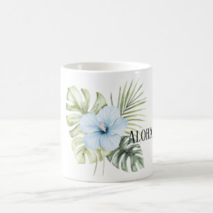 Tropical Light Blue Hibiscus Flower Leaves Aloha Coffee Mug