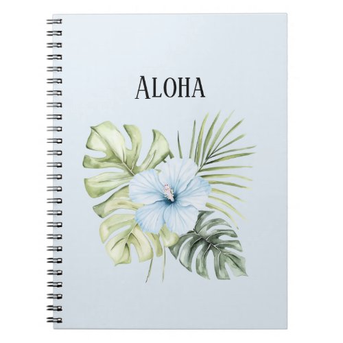 Tropical Light Blue Hibiscus Flower Leaves Aloha Notebook