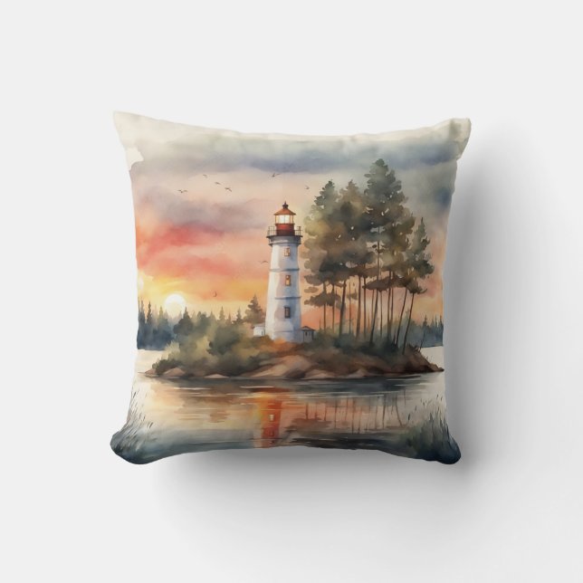 "Tropical Lighthouse at Sunset – Watercolor Digita Throw Pillow (Front)