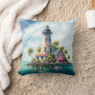 Tropical Lighthouse Beach Palm Trees Throw Pillow