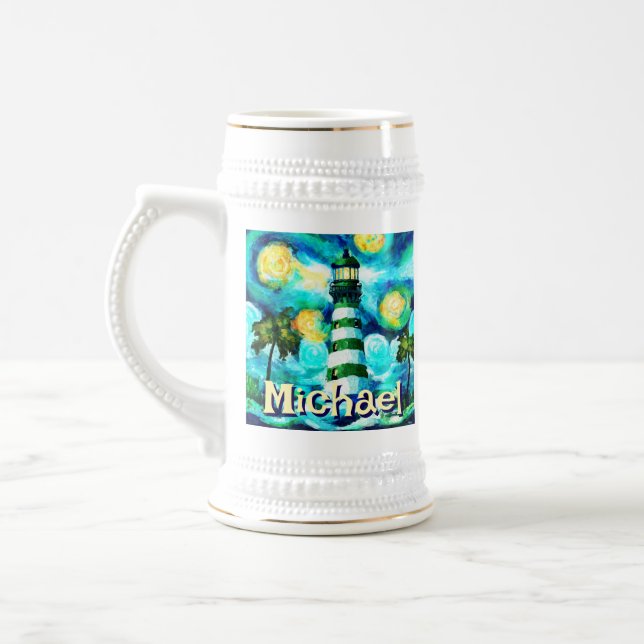 Tropical Lighthouse Coastal Nautical Personalized Beer Stein (Left)