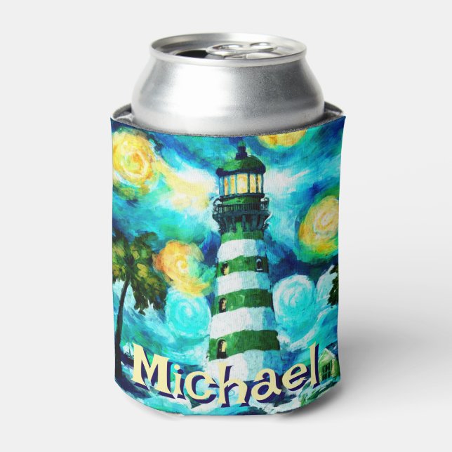 Tropical Lighthouse Coastal Nautical Personalized Can Cooler (Can Front)