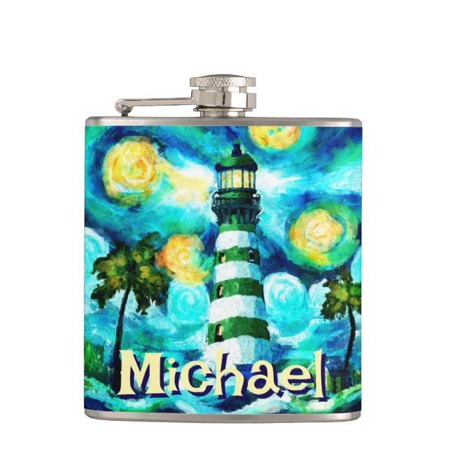 Tropical Lighthouse Coastal Nautical Personalized Flask (Front)