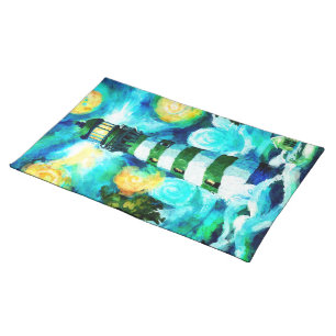 Tropical Lighthouse & Palm Trees Green Blue Teal Cloth Placemat