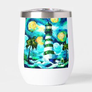 Tropical Lighthouse & Palm Trees Green Blue Teal Thermal Wine Tumbler