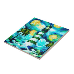 Tropical Lighthouse & Palm Trees Impressionistic Ceramic Tile