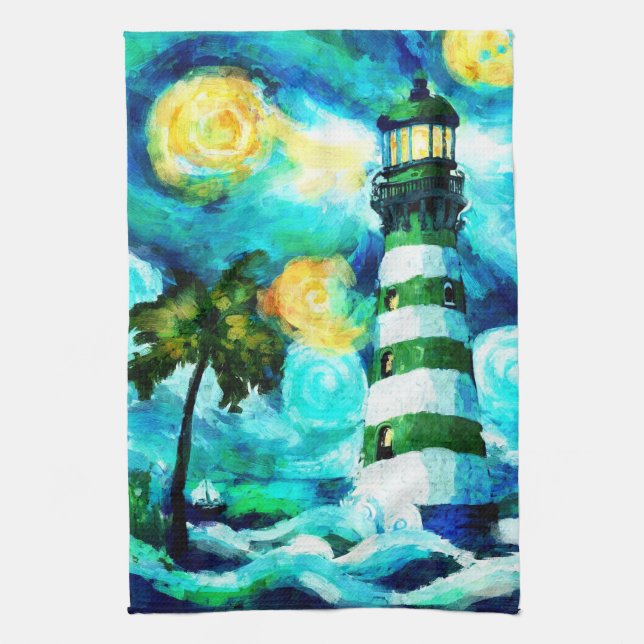 Tropical Lighthouse & Palm Trees Impressionistic Kitchen Towel (Vertical)