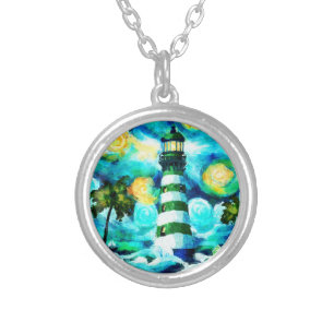 Tropical Lighthouse & Palm Trees Impressionistic Silver Plated Necklace