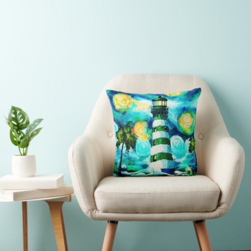 Tropical Lighthouse  Palm Trees Impressionistic Throw Pillow