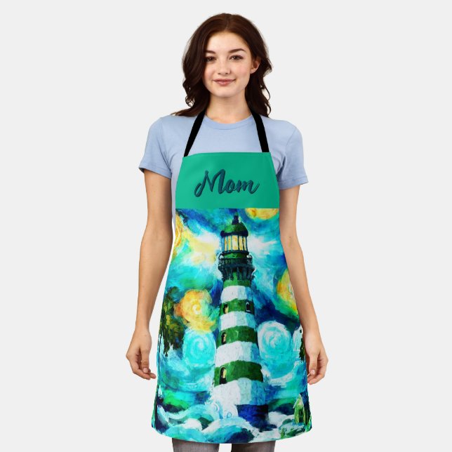 Tropical Lighthouse & Palm Trees Personalized Apron (Worn)