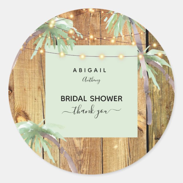 Tropical Lights Rustic Bridal Shower Thank You Classic Round Sticker (Front)