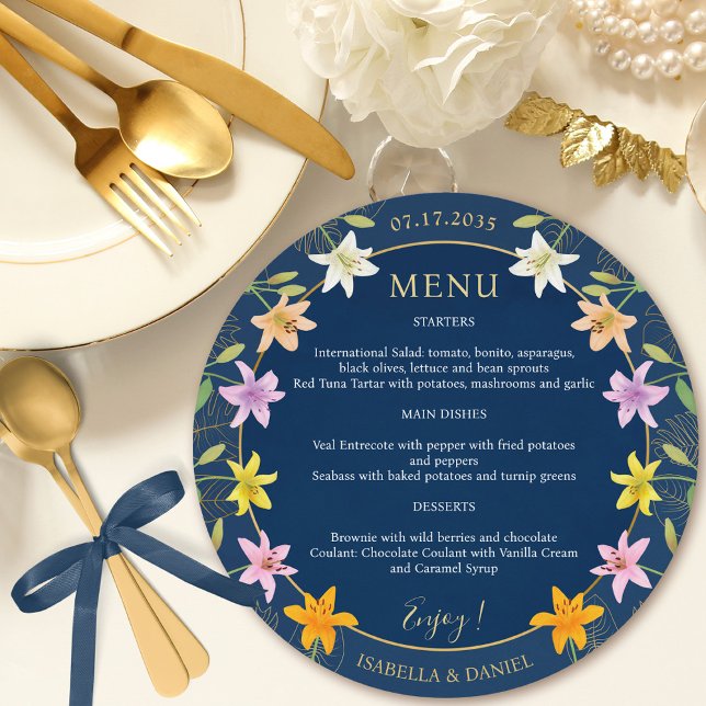 Tropical Lily Blue Teal and Gold Round Wedding Menu (Tropical Lily Blue Teal and Gold Round Wedding Menu)