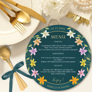 Tropical Lily Teal and Gold Round Wedding Menu