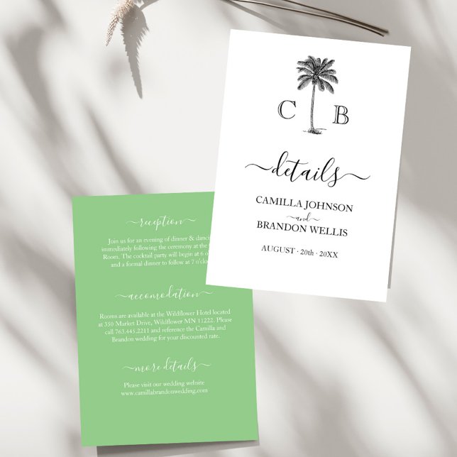 Tropical Lime Green Palm Monograms Wedding Enclosure Card (Creator Uploaded)