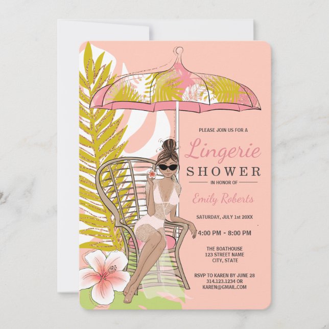 Tropical Lingerie Shower Brunette Bride Invitation (Front)