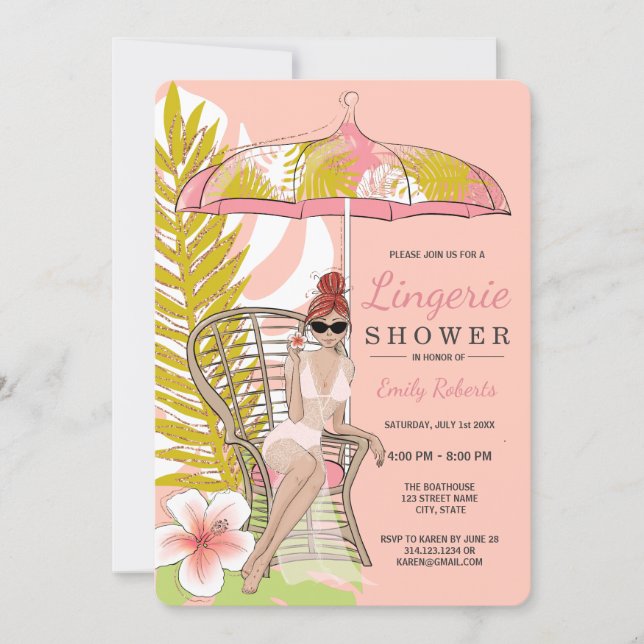 Tropical Lingerie Shower Redhead Bride Invitation (Front)
